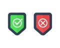 Shields and check marks icons set. Red and green shield with checkmark and x mark. Protect sensitive data, Internet