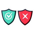 Shields and check marks icons set. Red and green shield with checkmark and x mark. Royalty Free Stock Photo