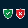 Shields and check marks icons set. Red and green shield with checkmark and x mark. Protection, safety, security, reliability Royalty Free Stock Photo