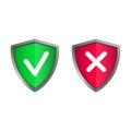 Shields and check marks icons set. Red and green shield with checkmark and x mark. Protection, safety, security Royalty Free Stock Photo