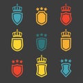 Shields set. Collection of different shield shapes with crown and stars. Heraldic royal design in flat style. Vector illustration Royalty Free Stock Photo