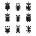 Shields set. Collection of different shield shapes with crown and stars. Heraldic royal design in flat style. Vector illustration Royalty Free Stock Photo