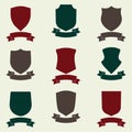 Shields and stylish ribbon set. Different shield shapes collection. Heraldic royal design. Colorful vector illustration.