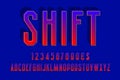 Shift gradient alphabet with numbers and currency signs. 3d urban font