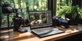 Shift to Remote Work Elegant Home Office with Computer and Nature View Royalty Free Stock Photo
