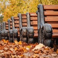 Shifted benches in park, leaf fall, autumn mood, sadness concept Royalty Free Stock Photo