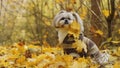 Shih Tzu in autumn leaves wearing a sweater Royalty Free Stock Photo