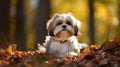 Shih Tzu dog with long groomed hair, outdoor portrait of 9 month old puppy.