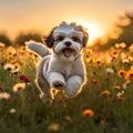 Shih Tzu puppy running through a field of wildflowers in the golden hour by AI generated