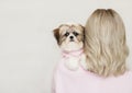 Shih tzu puppy sitting on the blonde shoulder, pink clothes