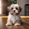 shih tzu puppy sitting on the floor in front of a window