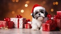 Shih Tzu small dog in Santa Claus hat. Shih Tzu. Christmas holidays with dogs banner poster. AI generated Royalty Free Stock Photo