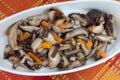 Shiitake. Cooked Mushrooms Shiitake in cast iron pan. Bioproduct cultivation in natural environment. Selective focus Royalty Free Stock Photo