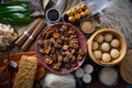 Shiitake rice dumplings steamed pork buns noodles Royalty Free Stock Photo