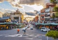 Shijo-dori as seen from the Yasaka Jinja Shrine and Nishiromon Gate, Gion, Kyoto, Japan Royalty Free Stock Photo