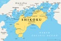 Shikoku, political map, region and smallest main island of Japan
