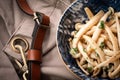 Shimeji mushrooms in a bowl on grey chef`s apron background. Pickled japanese brown beech or buna shimeji. Umami taste