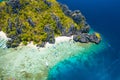 Shimizu Island, El Nido, Palawan, Philippines. Beautiful aerial view of tropical island, sandy beach, coral reef and Royalty Free Stock Photo