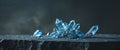 Shimmering blue crystals glisten on dark textured surface in a mystical setting