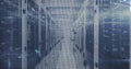 Shimmering central server corridor running through data center, with rack switches and data cables Royalty Free Stock Photo