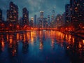 Shimmering city lights reflecting on a river at night Royalty Free Stock Photo