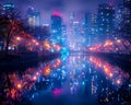 Shimmering city lights reflecting on a river at night Royalty Free Stock Photo