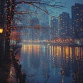 Shimmering city lights reflecting on a river at night Royalty Free Stock Photo