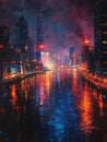 Shimmering city lights reflecting on a river at night Royalty Free Stock Photo