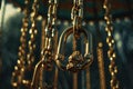 Shimmering closeup of golden chain links from a carousel, with a bokeh background