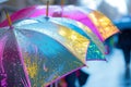 shimmering, colorchanging umbrellas for sale on a rainy day