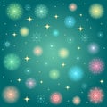 Shimmering Colorful Snowflakes. Golden Shinning Stars and Colorful Snowflakes on Green Background. Perfect for Festive Desig