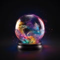 a glowing crystal ball on top of a black base with colorful paint splash layer