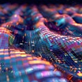Shimmering digital waves flowing over a grid of luminescent squares illustrating the flow of data in a modern world