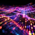 Shimmering digital waves flowing over a grid of luminescent squares illustrating the flow of data in a modern world