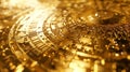 A shimmering gold fractal design containing intricate Bitcoin symbols within its geometric shapes symbolizing the