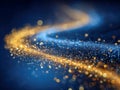 Shimmering golden and blue particles swirling in a dynamic wave pattern creating a magical and cosmic effect on a dark background Royalty Free Stock Photo