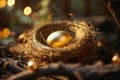 Shimmering golden egg nestled among twigs in a birds cozy home