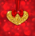 Shimmering Golden Heart with Red Ribbon