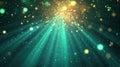 Shimmering golden particles falling through teal light rays Royalty Free Stock Photo