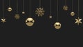 Shimmering golden snowflakes, christmas balls and stars on black background. 3d render of glowing hanging Cristmas ornament. Royalty Free Stock Photo