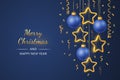 Shimmering hanging golden stars and balls with confetti on blue background. Glowing Christmas greeting card with copyspace. New