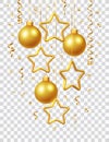 Shimmering hanging golden stars and balls with confetti isolated on transparent background. Glowing Christmas greeting card, cover