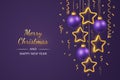 Shimmering hanging golden stars and balls with confetti on purple background. Glowing Christmas greeting card with copyspace. New