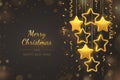 Shimmering hanging golden stars with confetti on black background. Glowing Christmas greeting card with copyspace. New Year poster