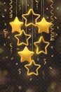 Shimmering hanging golden stars with confetti isolated on transparent background. Glowing Christmas greeting card. New Year poster