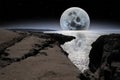 Shimmering moon in rocky burren landscape