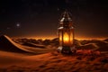 Shimmering Ramadan lantern in dark desert. Generate ai