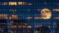 The shimmering reflection of the moon dances across the windows of towering buildings creating a stunning contrast Royalty Free Stock Photo