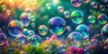 Shimmering soap bubbles float amidst a vibrant garden, reflecting the colorful sunset. Generative AI Royalty Free Stock Photo