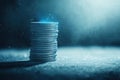 Shimmering Stack of Coins Illuminated by Soft Blue Light on Dark Background Royalty Free Stock Photo